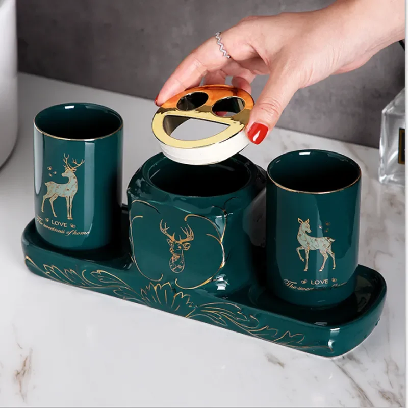 

Creative Light Luxury Ceramic Electric Toothbrush Holder Rack Household Bathroom Dressing Table Storage Rack Mouthwash Cup Set