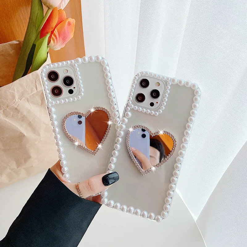 

Love Heart Mirror Pearl Chain Phone Case Suitable for IPhoneiPhone 15 14 13 12 11 Pro Max 14 Plus Cover
