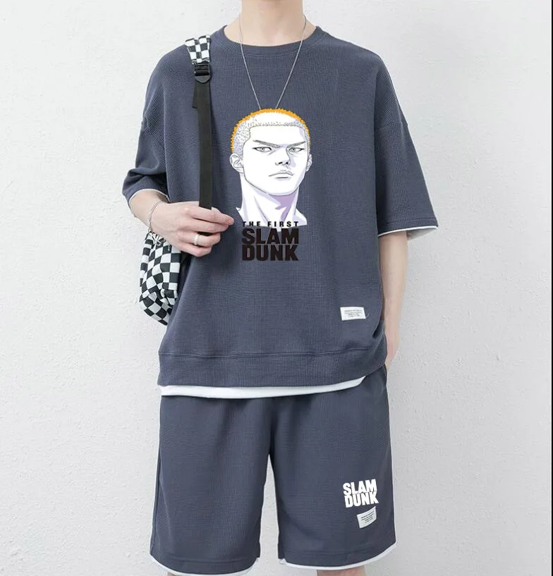 Summer Men Tops + Pants 2 Piece Set Slam Dunk Print Japanese Anime Casual T-shirt and Shorts Short Sleeve Basketball Sportswear