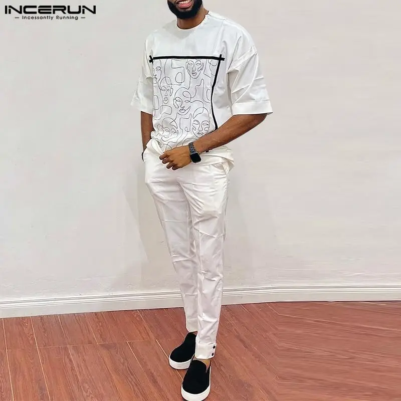 

INCERUN Men Sets Printing Muslim Clothing O-neck Short Sleeve T Shirt & Pants Two Pieces Sets Streetwear 2023 Men Casual Suits