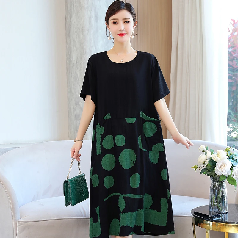 

Платье женское средней длины с круглым вырезом, повседневный винтажный сарафан с коротким рукавом, в стиле пэчворк, с карманами, свободного ...