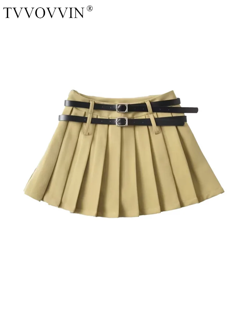 

High TVVOVVIN Sexy Waist Double Belt A-LINE Belt Safety Skirt Pleated Skirt Half Body Short Fashion Skorts Fashion Korean RA8B