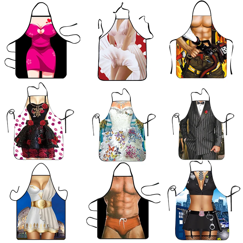 

Funny Kitchen Aprons Digital Printed Dinner Party Gifts Baking Couple Personality Creative Novelty Pattern Antifouling Cooking