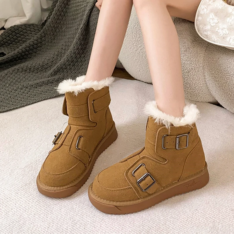 

Flats Women Fur Ankle Snow Boots 2024 Winter Warm Shoes New Designer Short Plush Chelsea Boots Suede Casual Goth Femme Botas