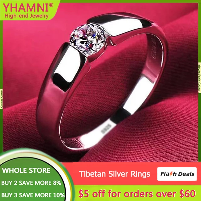 Yhamni 100% real certified tibetan silver rings for women men high quality round zircon wedding engagement band gift jewelry