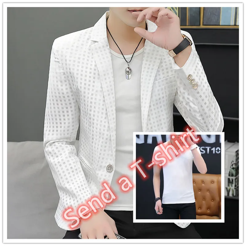 

Suit Male Summer Thin Single Western Jacket Korean Version Slim Hollow Out Frivolous Leisure Small Suit Jacket Grid Trend