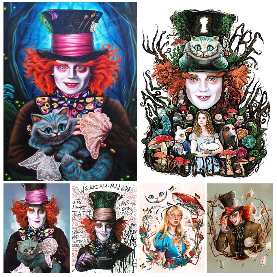 

Алмазная живопись Mad Hatter, Алиса в стране чудес, Чеширский кот, 5D полноразмерная мозаика, Набор для вышивки крестиком, украшение для дома