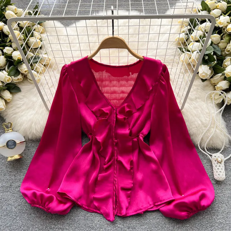 

Блузка женская однотонная с оборками, тонкая однобортная рубашка с V-образным вырезом, с длинным рукавом-фонариком, в стиле пэчворк, весна-ос...