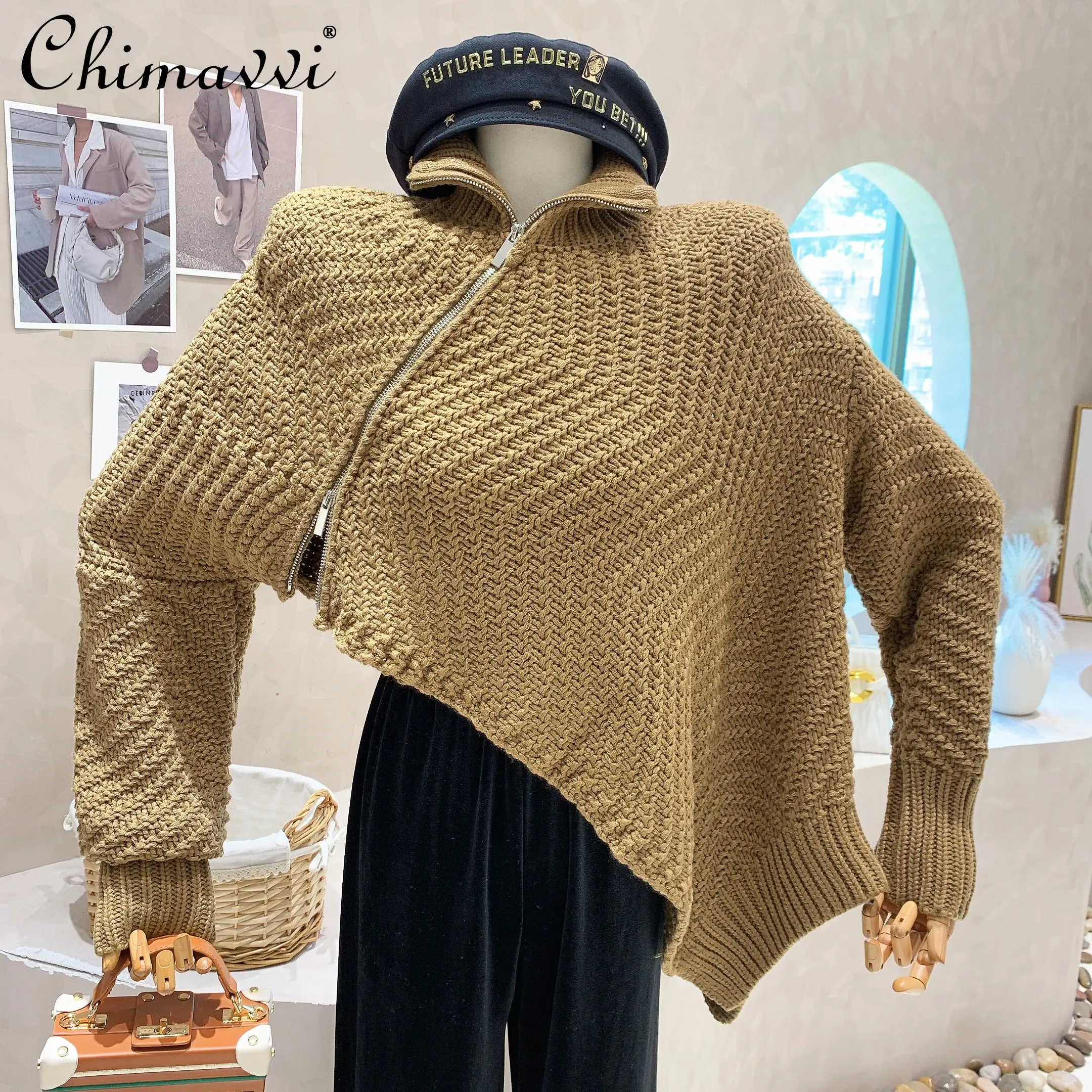 

Batwing Sleeve Sweater Coat Idle Style Autumn Solid Color Irregular Loose Long Sleeve Oblique Zipper Streetwear Knitted Top