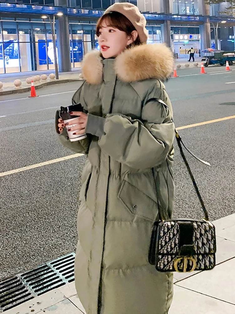 Women's Winter Long Down Cotton Jacket Korean Stye Large Fur Collar Hooded Thick Parkas Warm Loose Clothing Women Coat 2022