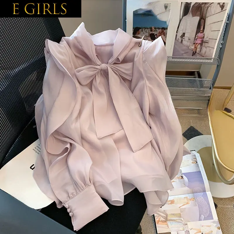 

E GIRLS Sweet Ruffled Bow Tie Chiffon Shirt for Women Spring 2023 New Korean Style Chic Woman Shirts Vintage Elegant Office Lady