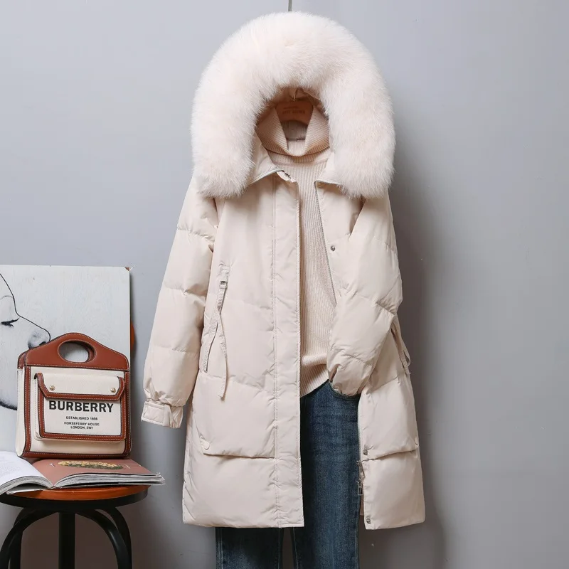 New Women Fox Fur Collar Long Down Jacket Casual Style Autumn Winter Coats And Parkas Female Outwear