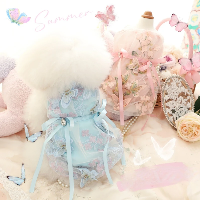 

Одежда для собак, кружевная юбка на бретельках, юбка с вышивкой бабочки, газовая юбка для собак, одежда для кошек, маленькая милая тонкая летняя одежда для чихуахуа