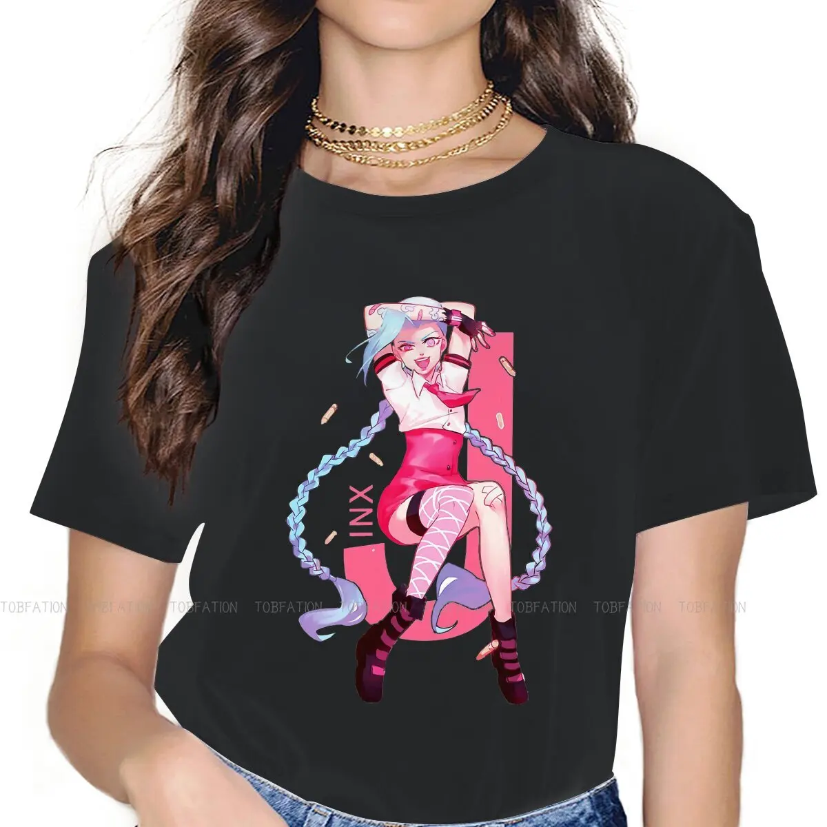 

Powder Jinx Women Clothing Arcane League of Legends LOL Anime Graphic Female Tshirts Vintage Grunge Loose Tops Tee Kawaii Girls