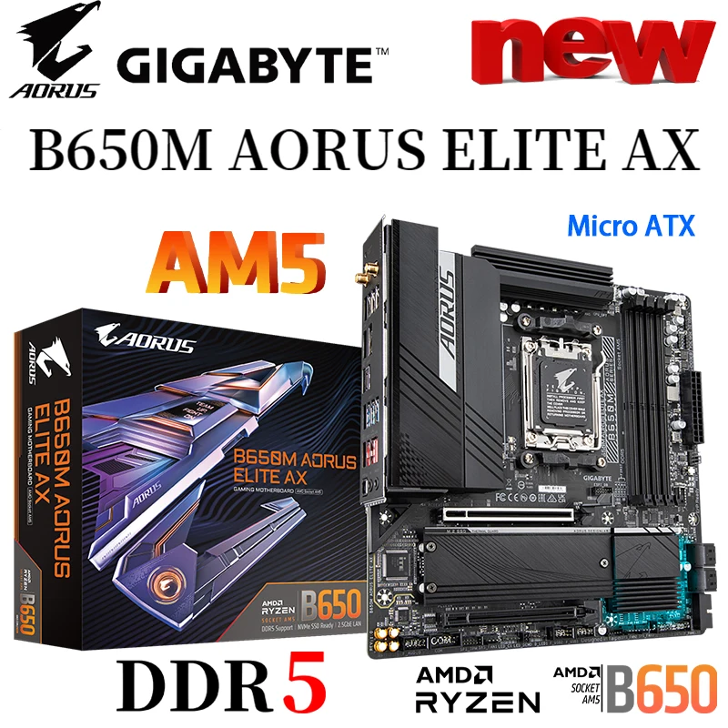 

GIGABYTE B650M AORUS ELITE AX New Micro-ATX AMD B650 DDR5 6600(OC) MHz M.2 USB3.2 128G Wi-Fi 6E Socket AM5 Ryzen CPU Motherboard