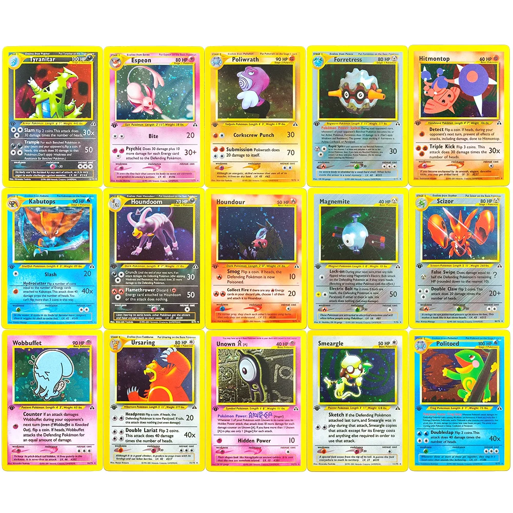 Фото Карты Proxy Pokemon English Neo Discovery 1st Edition Umbreon Tyranitar Espeon Houndour Kabutops Holo PTCG Коллекционная карта игр №1