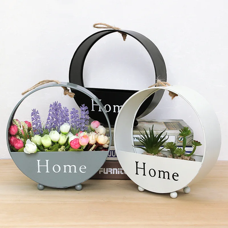 Wrought iron round wall hanging flower pot, hanging flower basket, hanging basket, creative living room wall decoration pendant