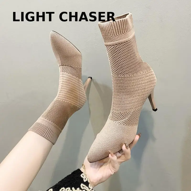 Autumn And Winter Women's High Heels, Knitted Elastic Female Boots, Checisle Ankle Boots Breathable Fashion Female Dress Shoes