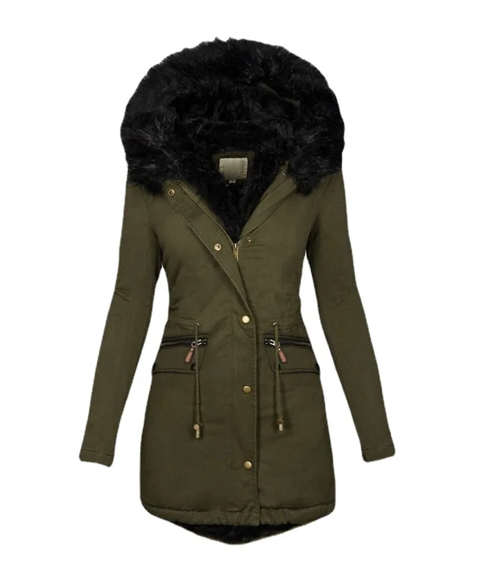 Women's autumn and winter solid color wool collar hooded medium long warm cotton padded jacket for women