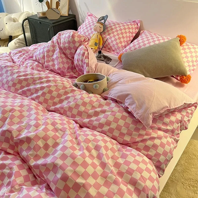 Nordic Pink Black Checkerboard Duvet Cover Sets With Pillow 