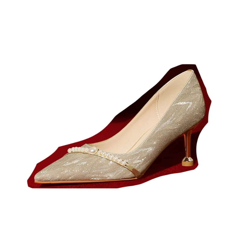 Crystal Shoes Wedding Shoes Main Wedding Shoes 2021 New Bride Shoes Golden Dress Shoes French Pearl High Heels Women's Shoes