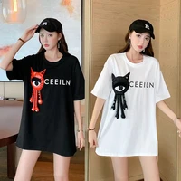 100 cotton big eye monster t shirt european commodity heavy industry 3d decoration short sleeve t shirt womens round neck top