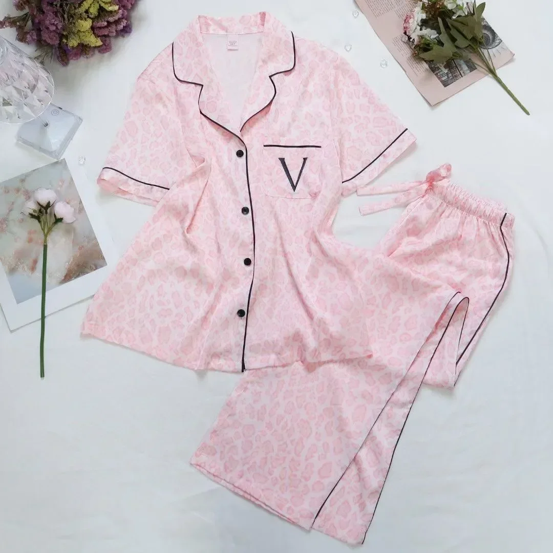 Victoria Tencel Soft Leopard Print Pajamas Set Short Sleeve Long Pants Spring and Autumn Women's Home Clothes