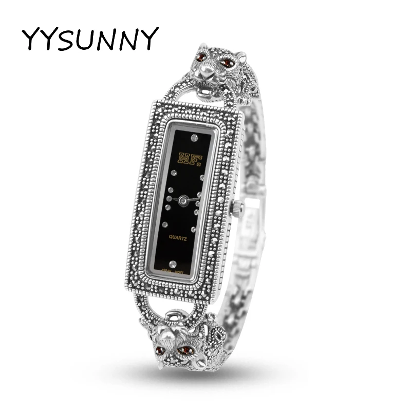 YYSUNNY Women's Vintage Rectangle Wrist Watch S925 Sterling Silver Two Leopards Bracelet Fashion Jewelry Birthday Party Gift