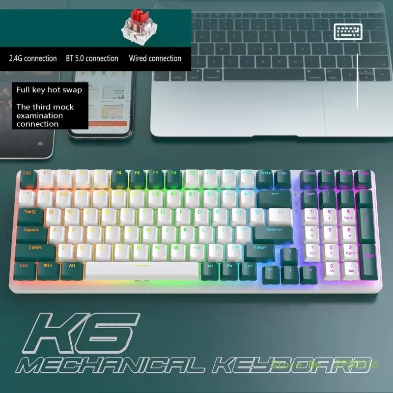 

K6 Mechanical Keyboard Wireless RGB BT5.0 2.4Ghz Type-C Wired Three Modes Profile Gaming Keyboard 100 Keys Hot-Swap