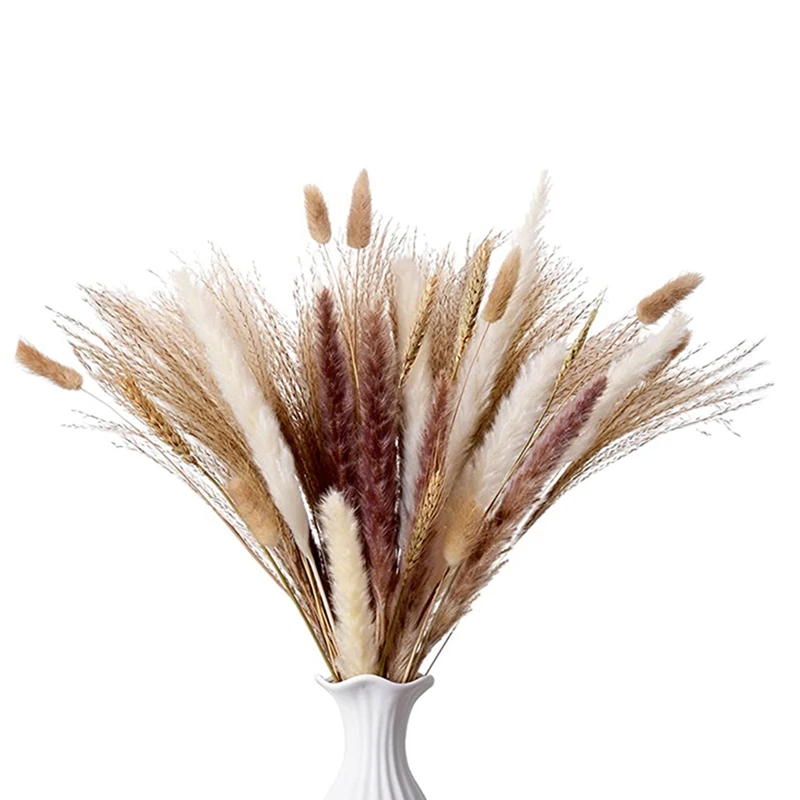 

80Pcs Dried Pampas Grass Flowers: 17Inch Natural Bouquet Decor Set Of White & Brown Pampas, Reed, Bunny Tails