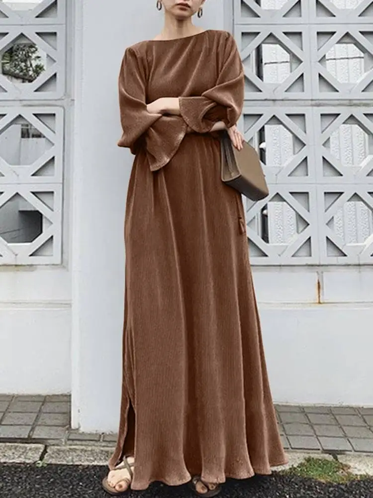 

2022 Muslim Abayat Solid Color Retro Elegant Swing Abayas for Women Kraft Tan Fashion Party Dress for Middle East Arab