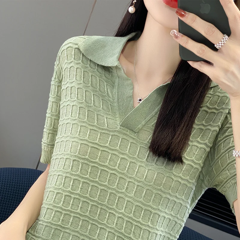 

Fine Imitation Wool T-shirt Women's POLO Collar Pullover Summer New Knitted Short Sleeve Tank Top Jacket Fashion Korean Tees