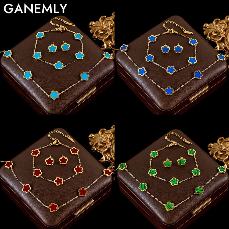 GANEMLY нержавеющая сталь 316L 7 цветов пятилистный цветок ожерелье браслет серьги для