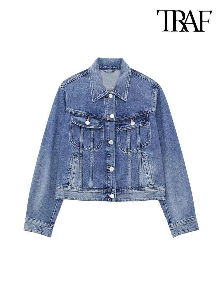 

TRAF Women Fashion Patch Pockets Denim Jacket Coat Vintage Long Sleeve Button-up Female Outerwear Chic Tops