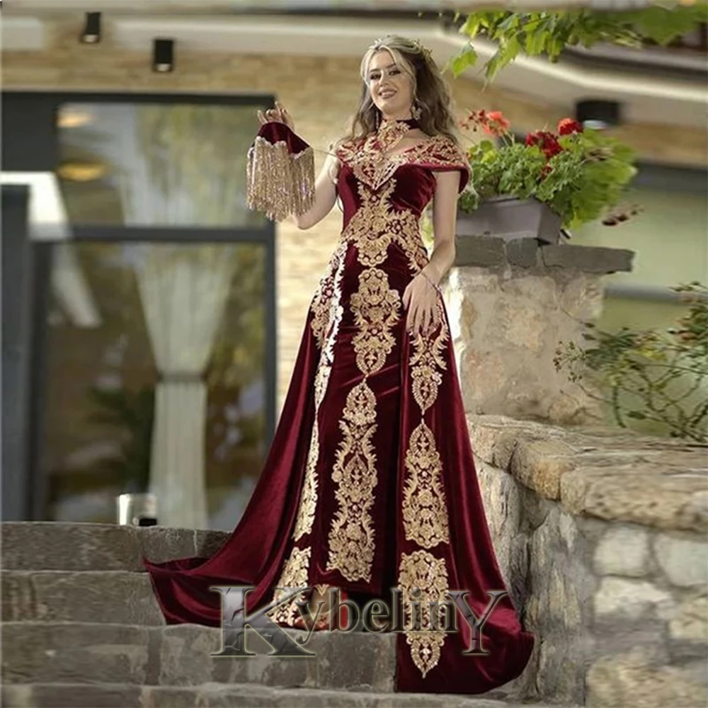 

Kybeliny Moroccan Caftan Arabic Evening Dress Burgundy Detachable Train Appliques Gold Lace Mermaid Vestido De Fiesta Customised