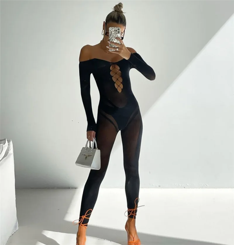 2023 Spring Women's New Sexy Mesh Perspective Straight Neck Hollow High Waist Casual Home Pants Bodysuit