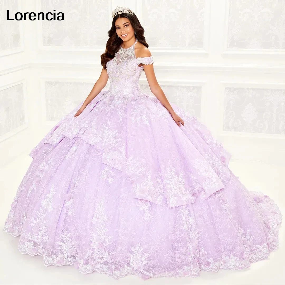 Lorencia Сиреневое платье Quinceanera бальное с лямкой на шее кружевная аппликация