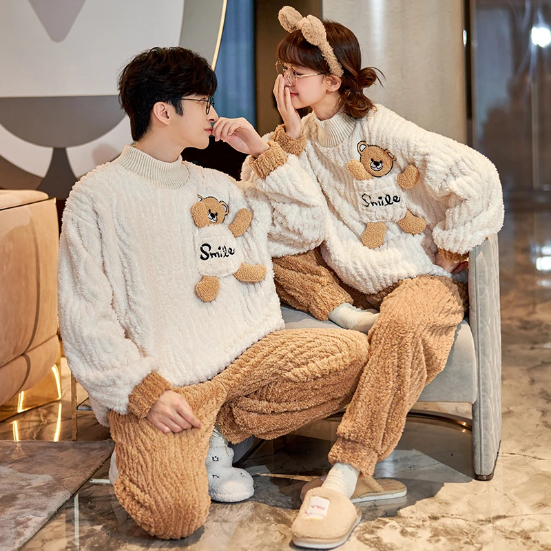Winter Women's Pajamas Set Thickening  Korea Couple Sleepwear Soft Cartoon Bear Homwear Warm Pajama Sets Unisex Loungewear Suit