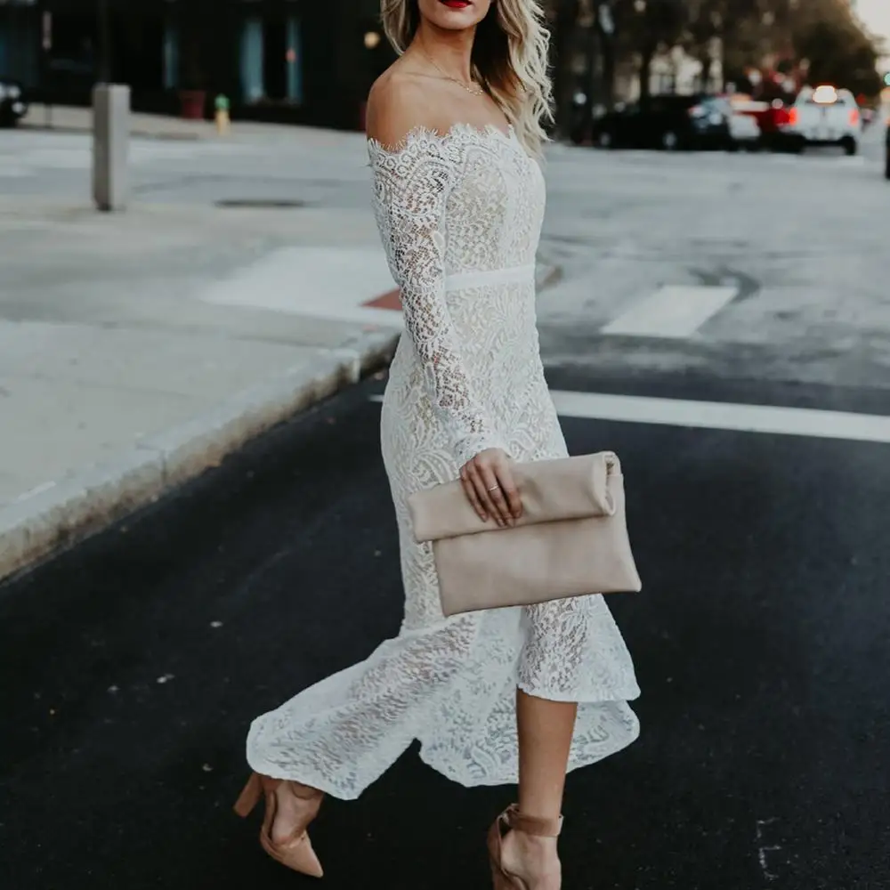 

Sexy Women Lady Long Sleeve Off Shoulder Lace Mer-maid Cocktail Wedding Bodycon Dress
