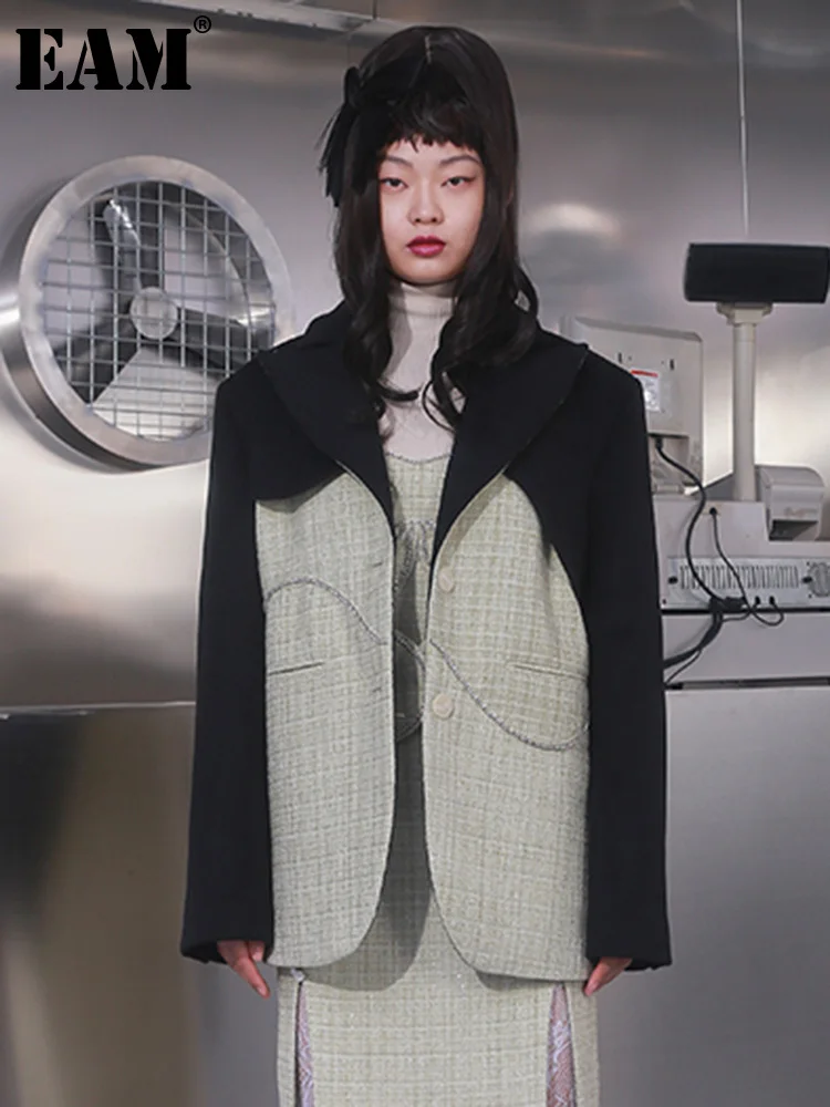 

[EAM] Loose Fit Green Tweed Plaid Big Size Woolen Coat Parkas New Long Sleeve Women Fashion Tide Autumn Winter 2023 1DE9481