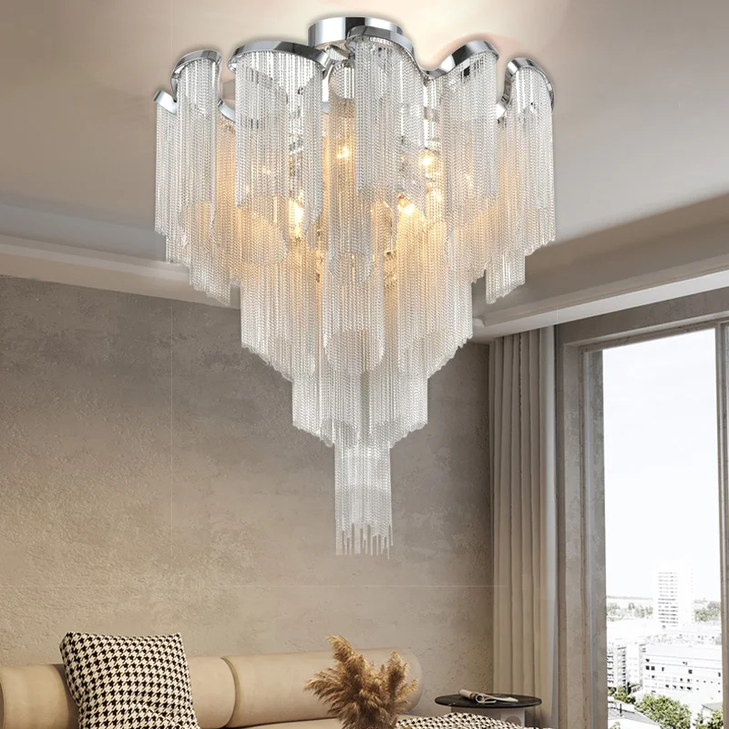 

Northern Europe Modern Luxury E14 Lighting Source Silver Color Tassel Aluminum Chain Ceiling Lights For Hotel Lobby Decor