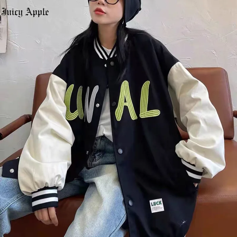 

Juicy Apple 2022 Women's Black Bomber Baseball Retro College Style Contrast Embroidered Coat Women Loose Fashion Jacket Autumn