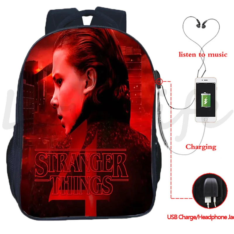 

Stranger Things 4 School Backpacks 16 Inch USB Charge Backpack Students Boys Girls Bagpack Schoolbag Teenager Laptop Bag Mochila