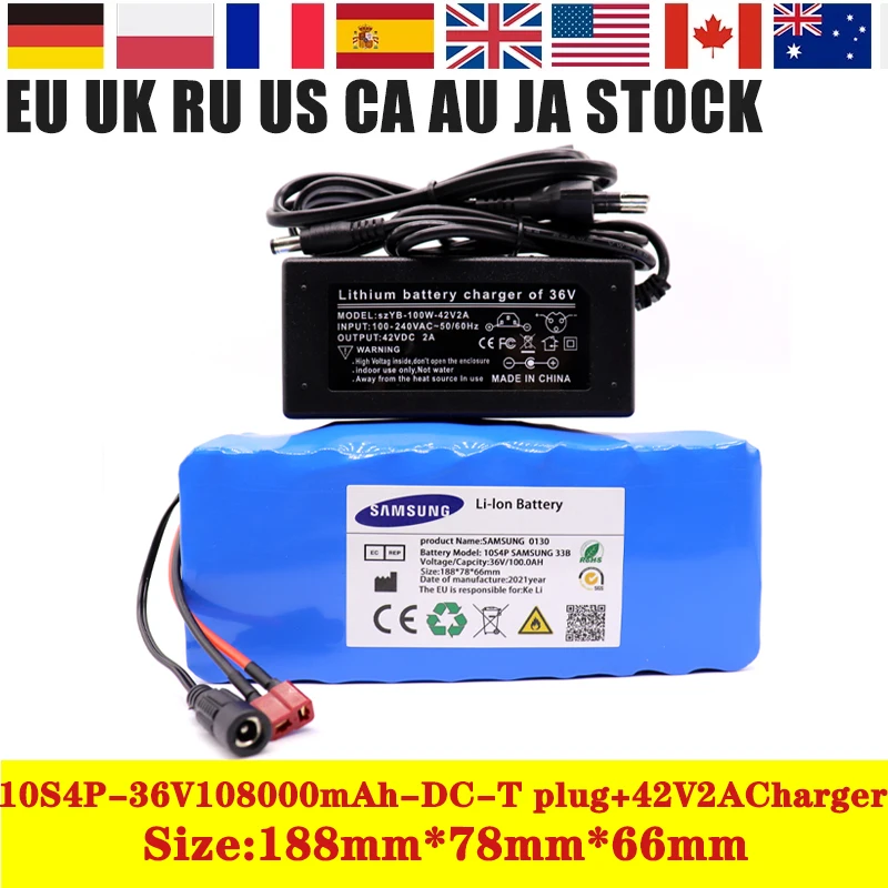 

NEW 36V battery 10S4P100Ah battery pack 500W high power battery 42V 100000mAh Ebike electric bike BMS+42V2A Charger