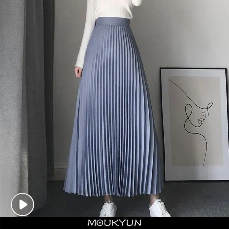 

MOUKYUN Pleated A-Line Skirt Women Spring Korean Fashion Elegant Long Skirts Femme Faldas Ladies High Waisted Blue Maxi Skirts