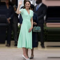 Green Color Chiffon Ruched Folds Women Pleated  Dress like Kate Middleton V-Neck Formal Office Lady Elegant Long Dresses