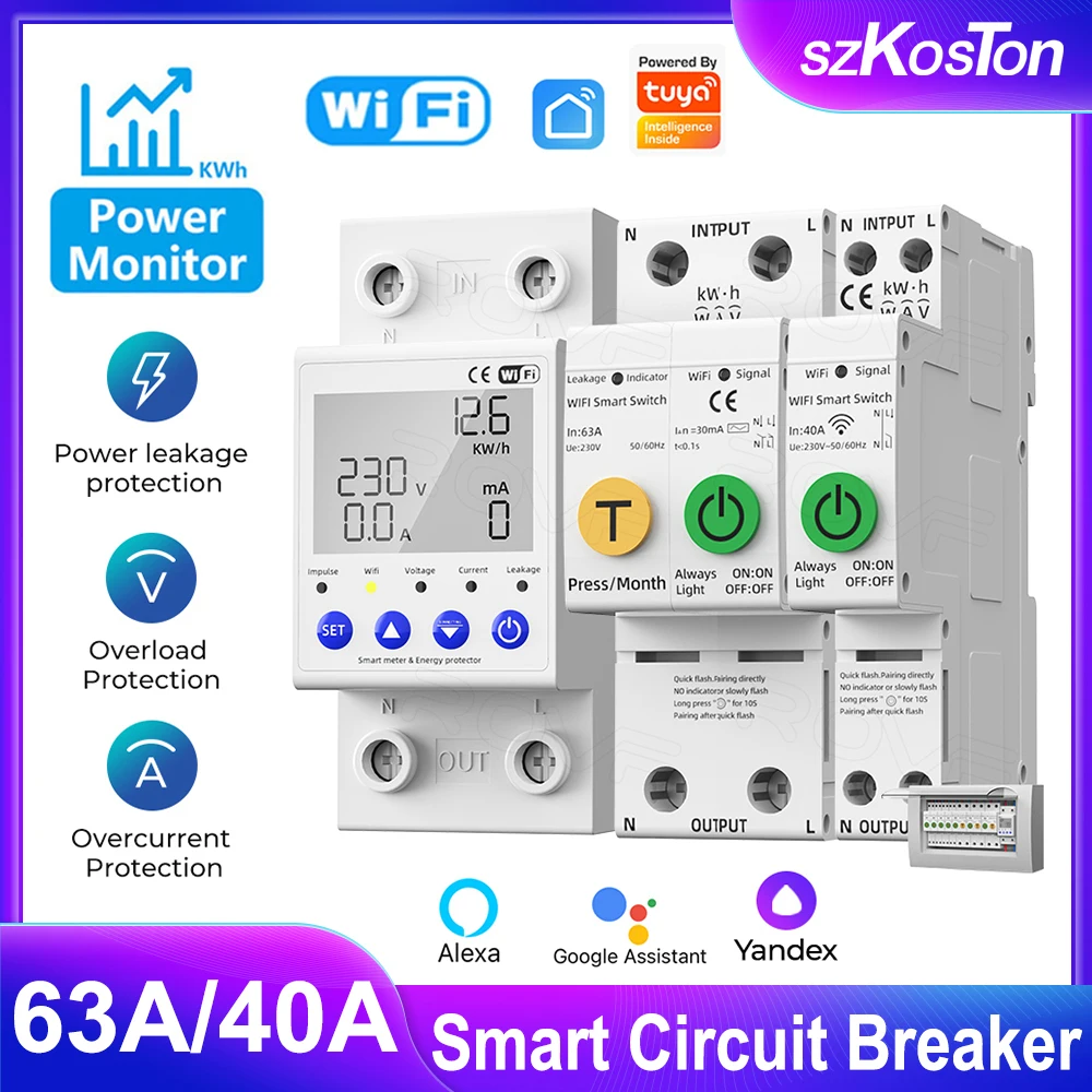 

Умный выключатель Tuya Wi-Fi, автоматический выключатель на DIN-рейке, измеритель энергии в кВтч, реле защиты от перенапряжения для Alexa Alice