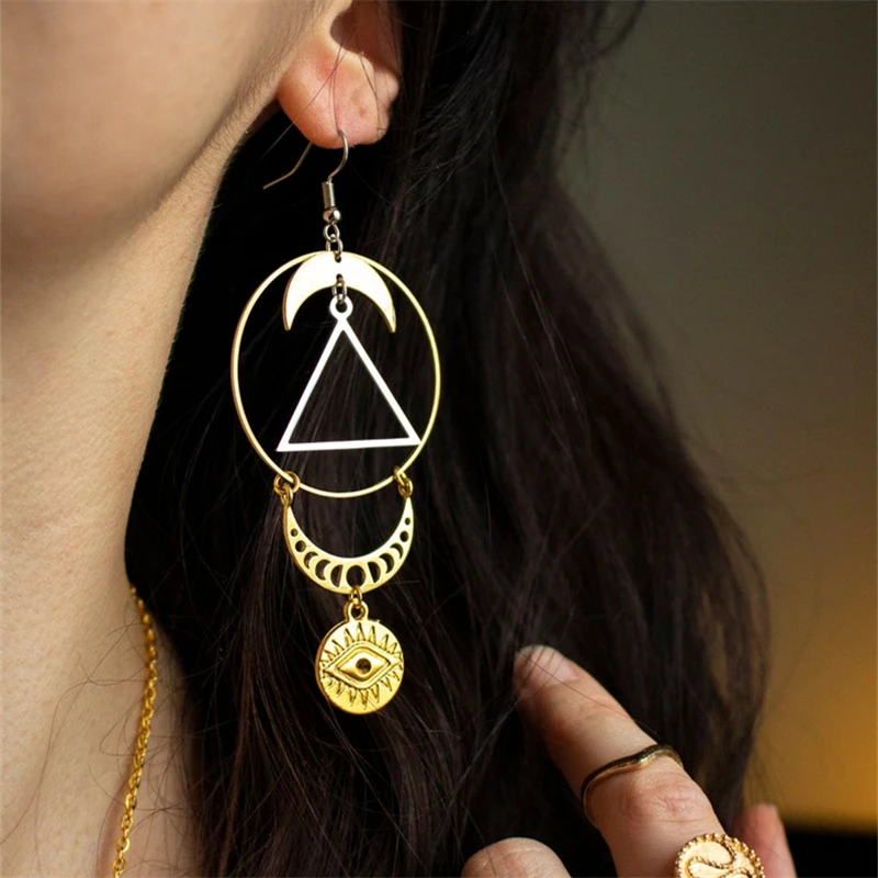 

Unique Design Geometric Triangle Circle Hollow Moon Phase Double Waning Moon Evil Eye Stud Earrings Women's Metal Gift Jewelry