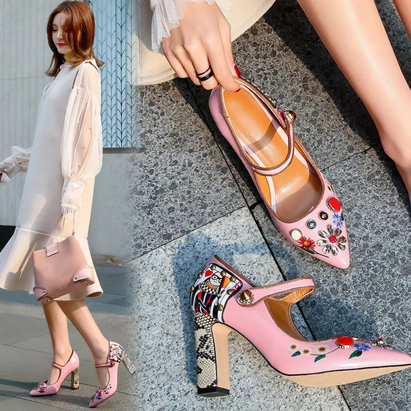 Туфли-лодочки женские из лакированной кожи с острым носком на толстом высоком