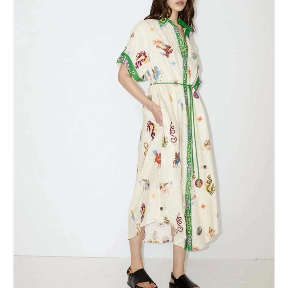 

Alem@ais* Summer Loose Casual Temperament Vintage Embroidered Shirt Style Tie Dresses Linen Midi Skirt Women Clothing